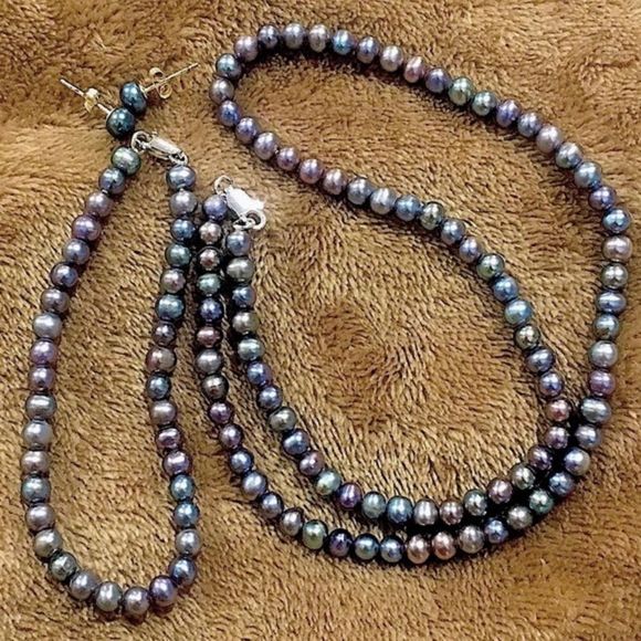 Peacock Cultured Pearl Sterling Silver Jewelry Set - Picture 2 of 10